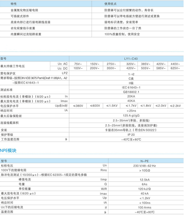 LY1-C40電涌保護器技術參數(shù)